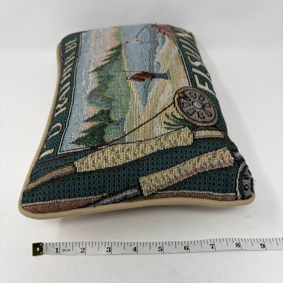 Vintage throw pillow I'd Rather Be Fishing green tan lake needlepoint tapestry - Picture 8 of 9